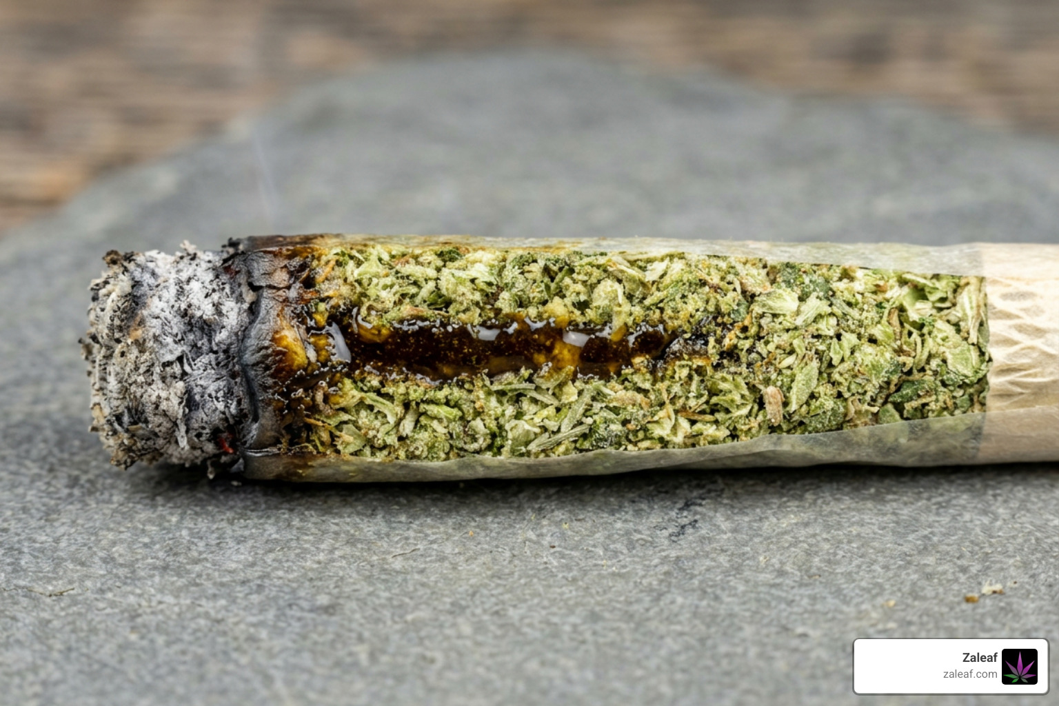 A macro cross-section view of an infused pre-roll revealing the concentrate center core and flower A macro cross-section view of an infused pre-roll revealing the concentrate center core and flower