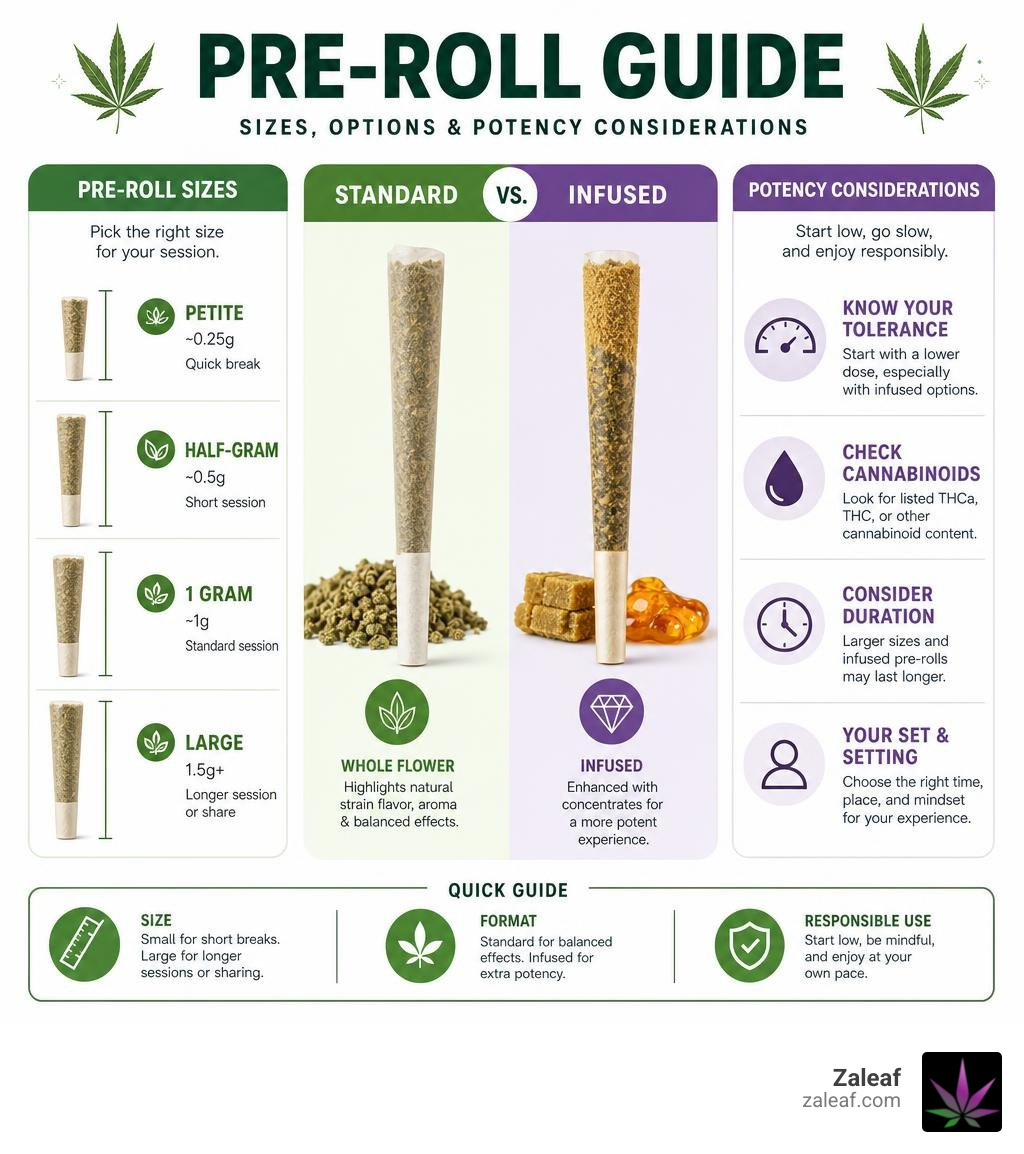 Infographic showing pre-roll sizes, standard versus infused options, and potency considerations infographic Infographic showing pre-roll sizes, standard versus infused options, and potency considerations infographic
