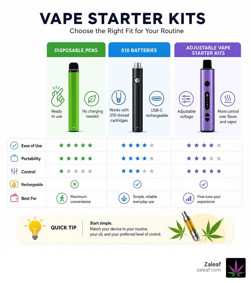 Infographic comparing disposable pens, 510 batteries, and adjustable vape starter kits infographic Infographic comparing disposable pens, 510 batteries, and adjustable vape starter kits infographic