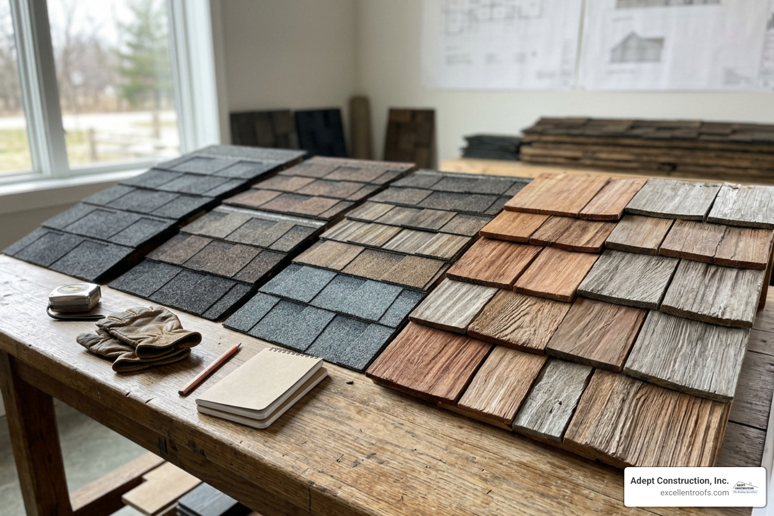 Roofing material samples showcasing dimensional asphalt and cedar shakes