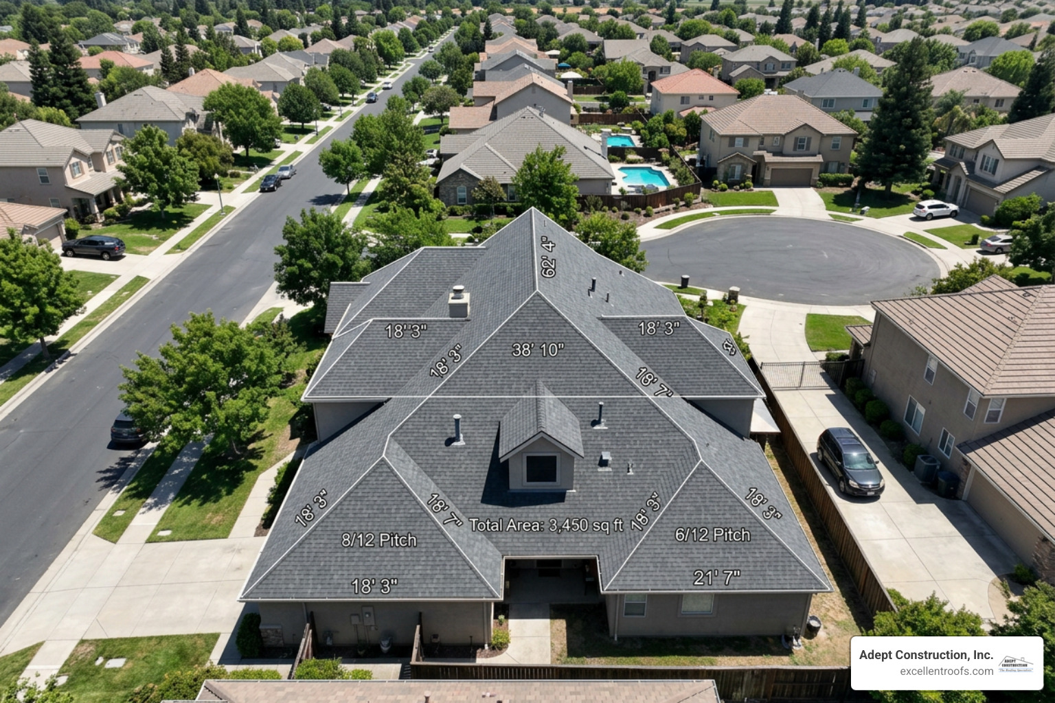 Satellite aerial view of a residential roof with measurement dimensions