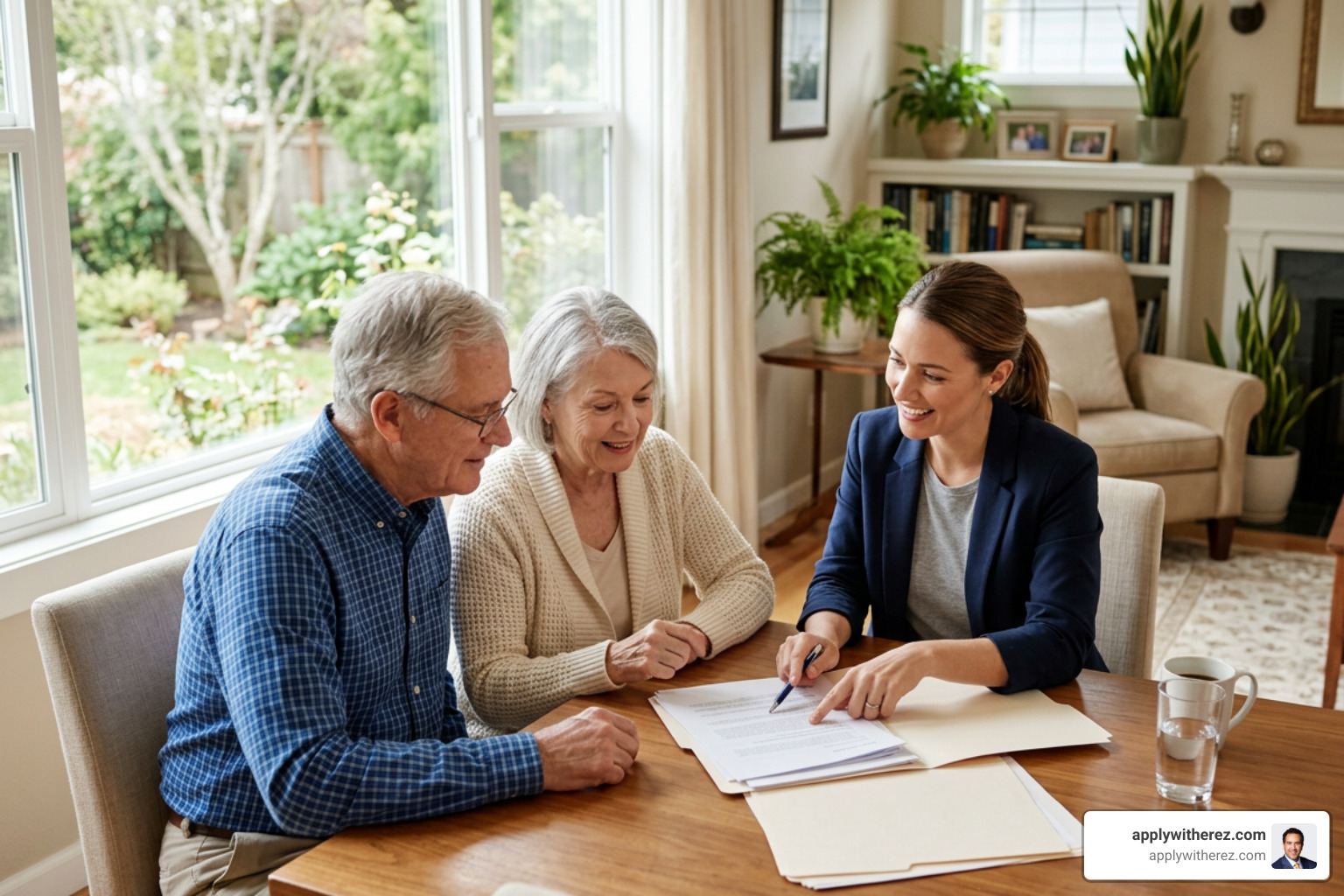 Housing counselor reviewing reverse mortgage documentation with senior clients