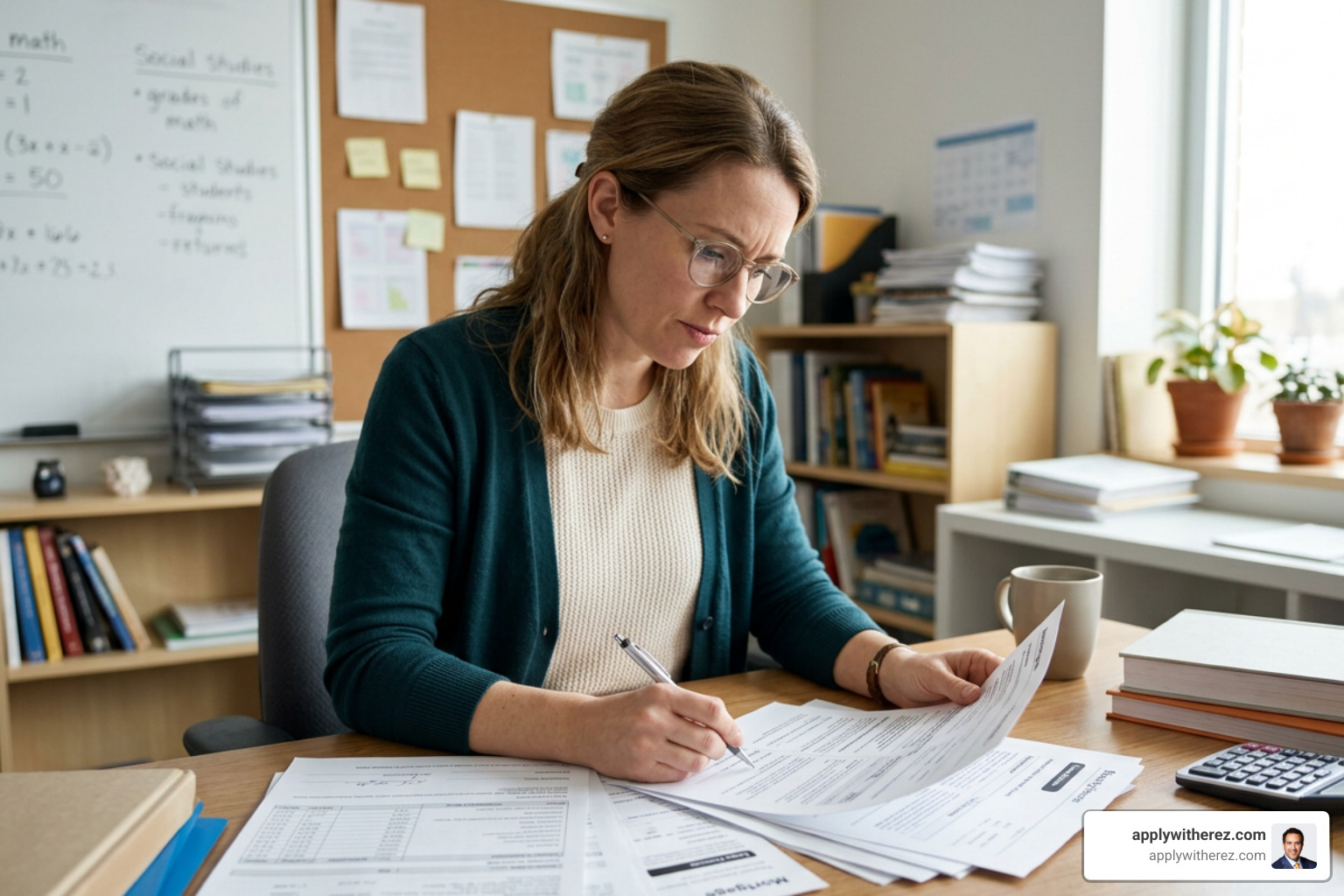 Teacher reviewing mortgage documents and loan estimates