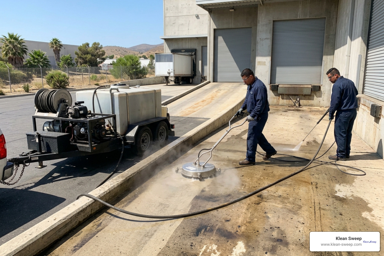 industrial hot-water steam cleaning rig with technicians in blue uniforms industrial hot-water steam cleaning rig with technicians in blue uniforms
