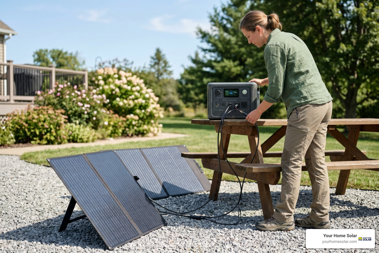 High output portable solar panels charging a solar generator outdoors High output portable solar panels charging a solar generator outdoors