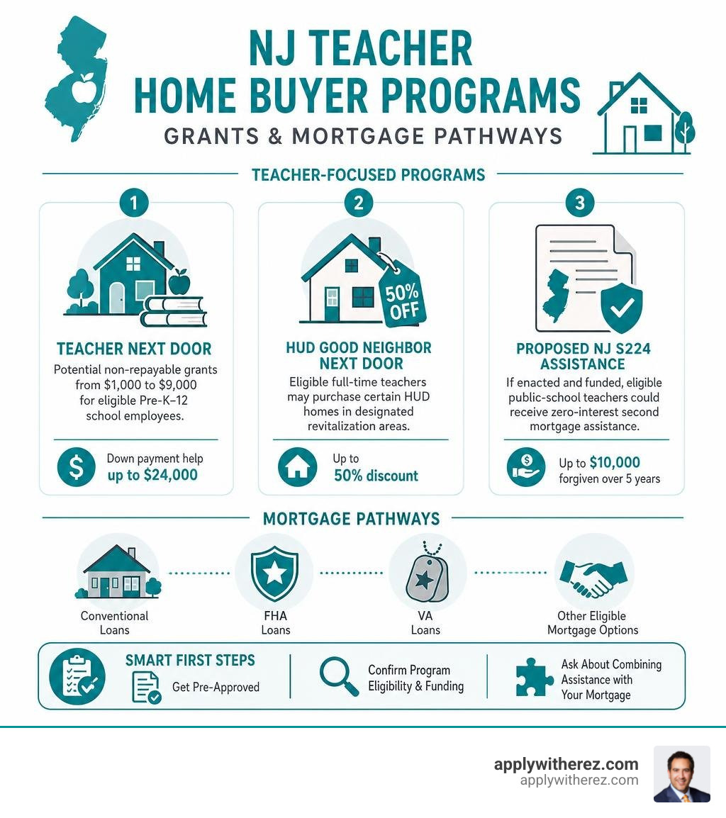 NJ teacher home buyer programs grants and mortgage pathways infographic