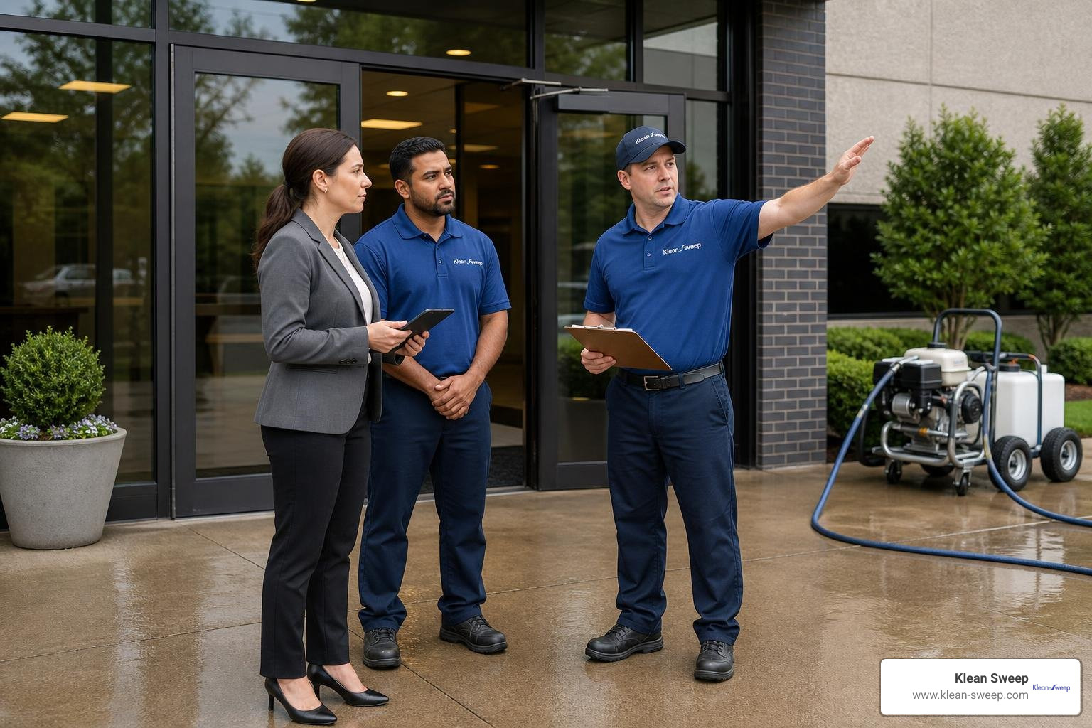 commercial property manager reviewing cleaned facility entrance with blue-uniformed staff commercial property manager reviewing cleaned facility entrance with blue-uniformed staff