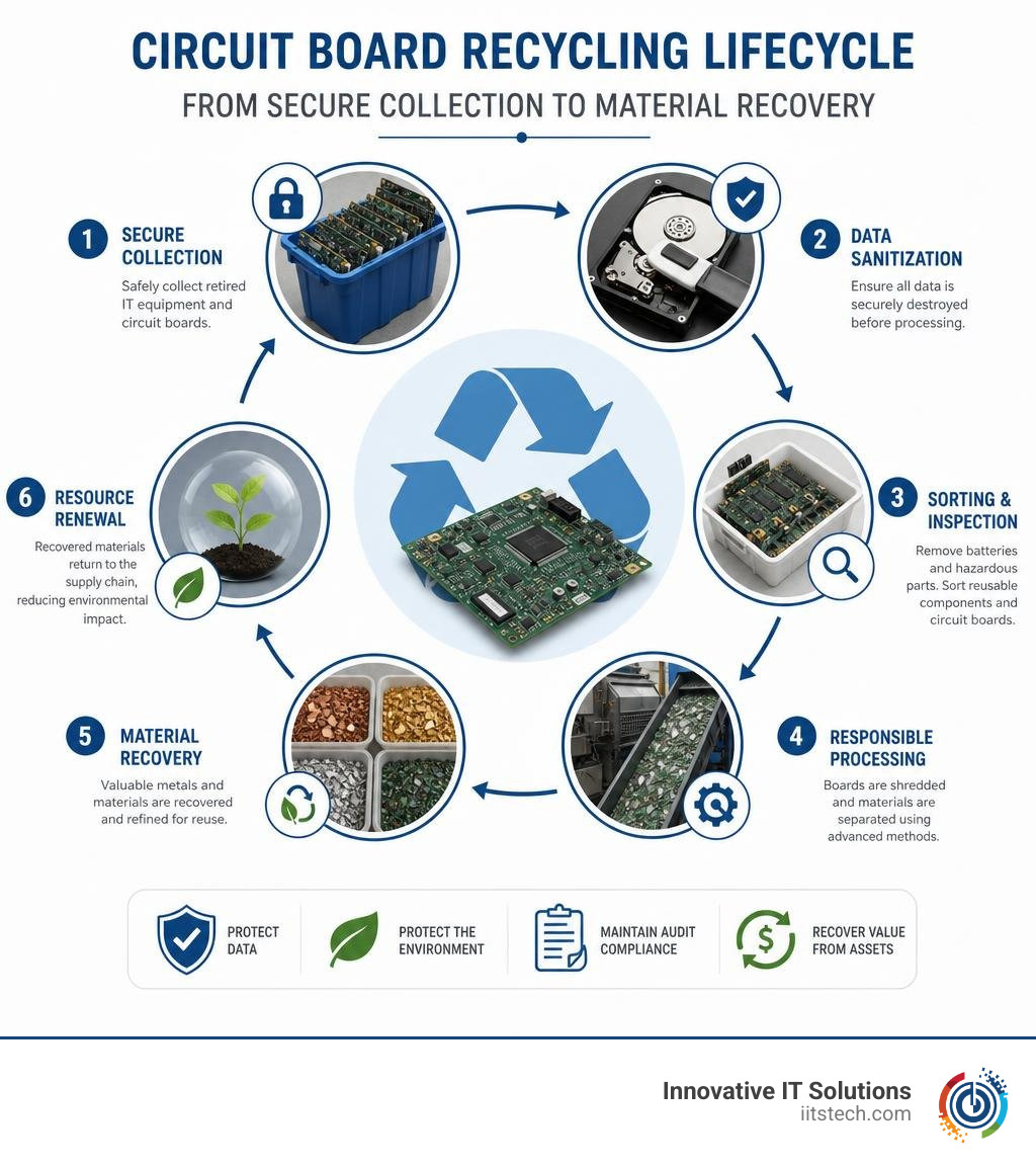 Circuit board recycling lifecycle from secure collection to material recovery infographic