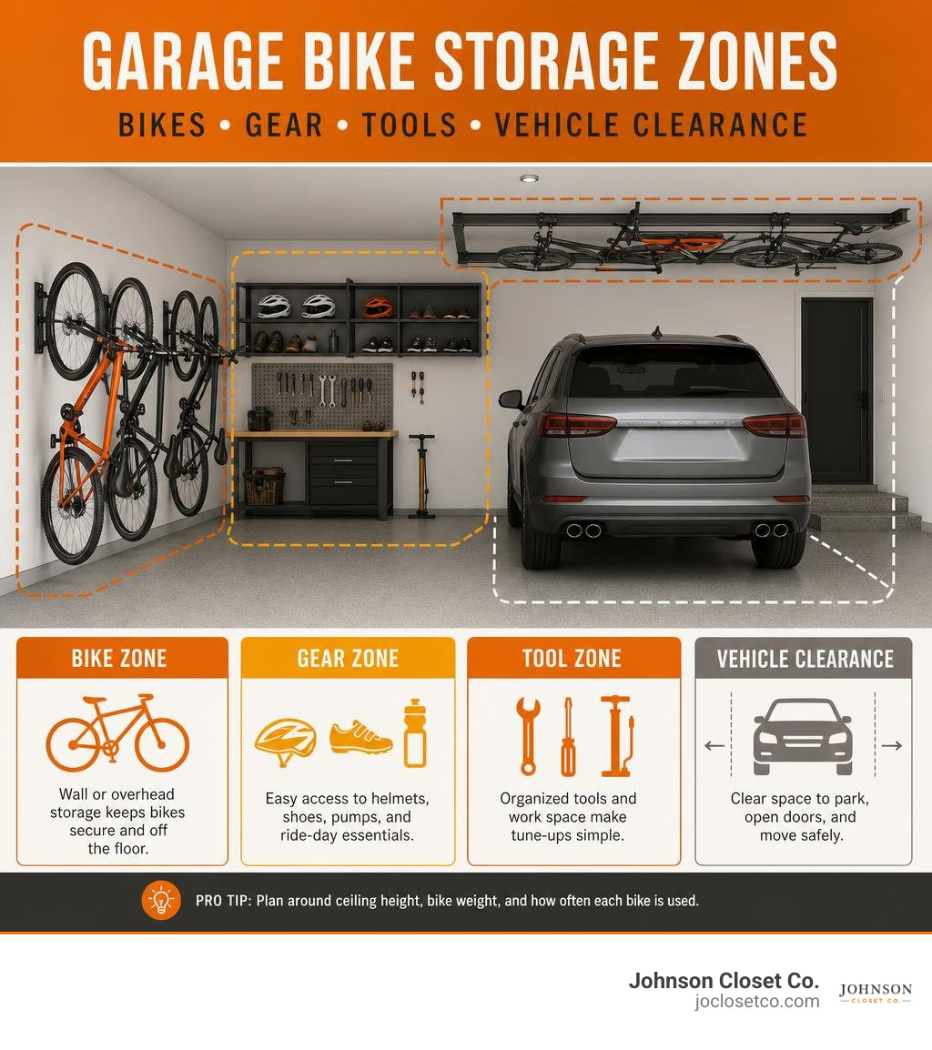 Infographic of garage bike storage zones for bikes gear tools and vehicle clearance infographic Infographic of garage bike storage zones for bikes gear tools and vehicle clearance infographic