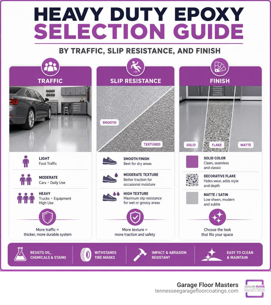 Heavy duty epoxy selection guide by traffic, slip resistance, and finish infographic Heavy duty epoxy selection guide by traffic, slip resistance, and finish infographic