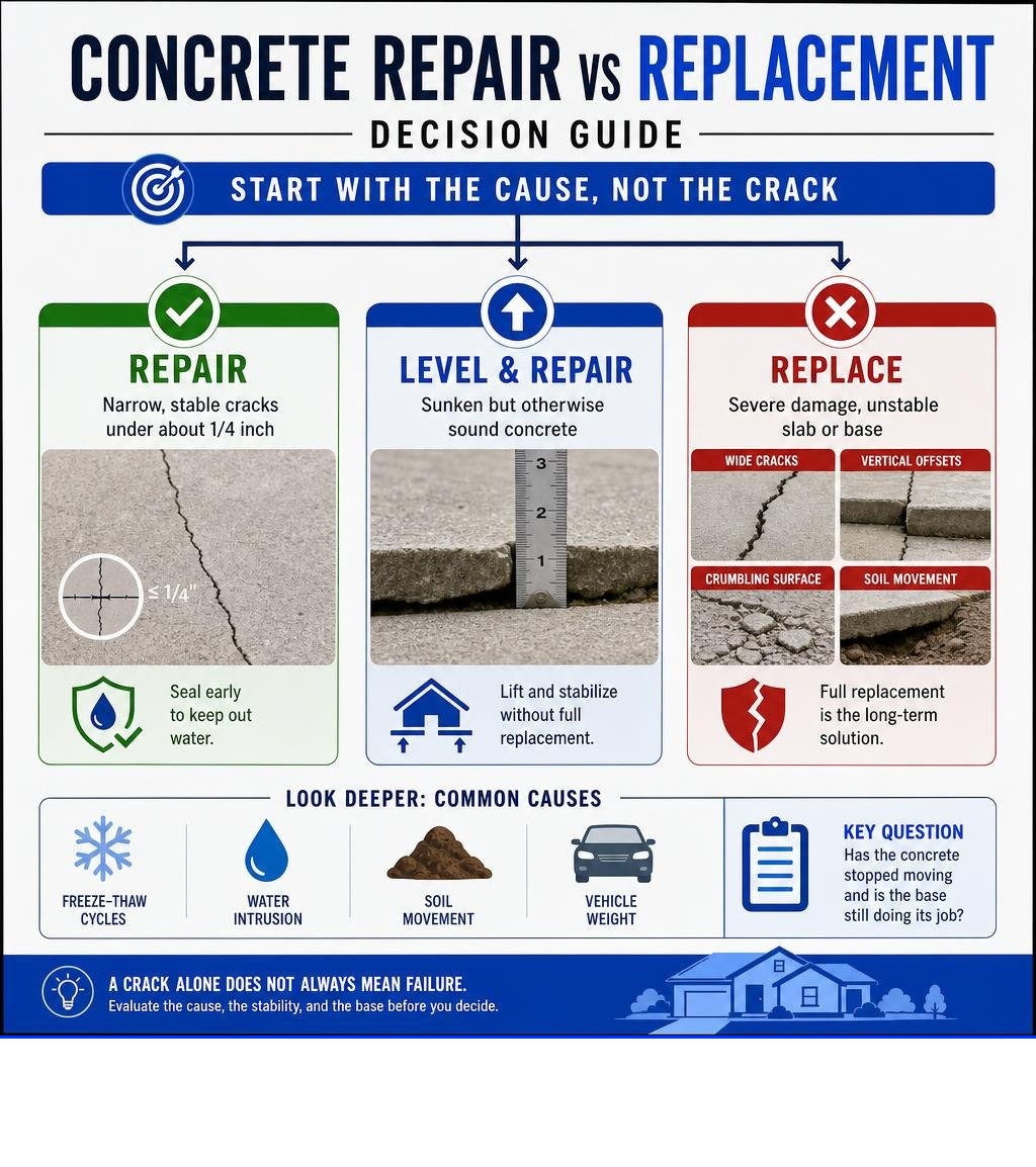 Concrete repair versus replacement decision guide infographic Concrete repair versus replacement decision guide infographic
