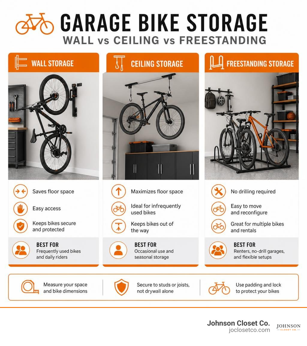 Infographic comparing wall, ceiling, and freestanding garage bike storage infographic Infographic comparing wall, ceiling, and freestanding garage bike storage infographic