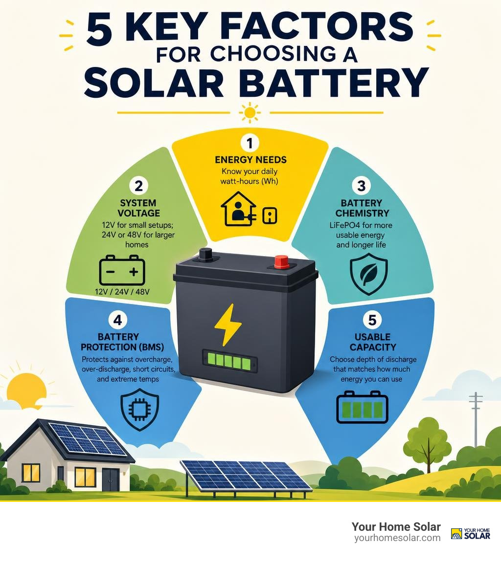 Solar battery selection infographic: energy needs, voltage, chemistry, BMS, and usable capacity infographic Solar battery selection infographic: energy needs, voltage, chemistry, BMS, and usable capacity infographic