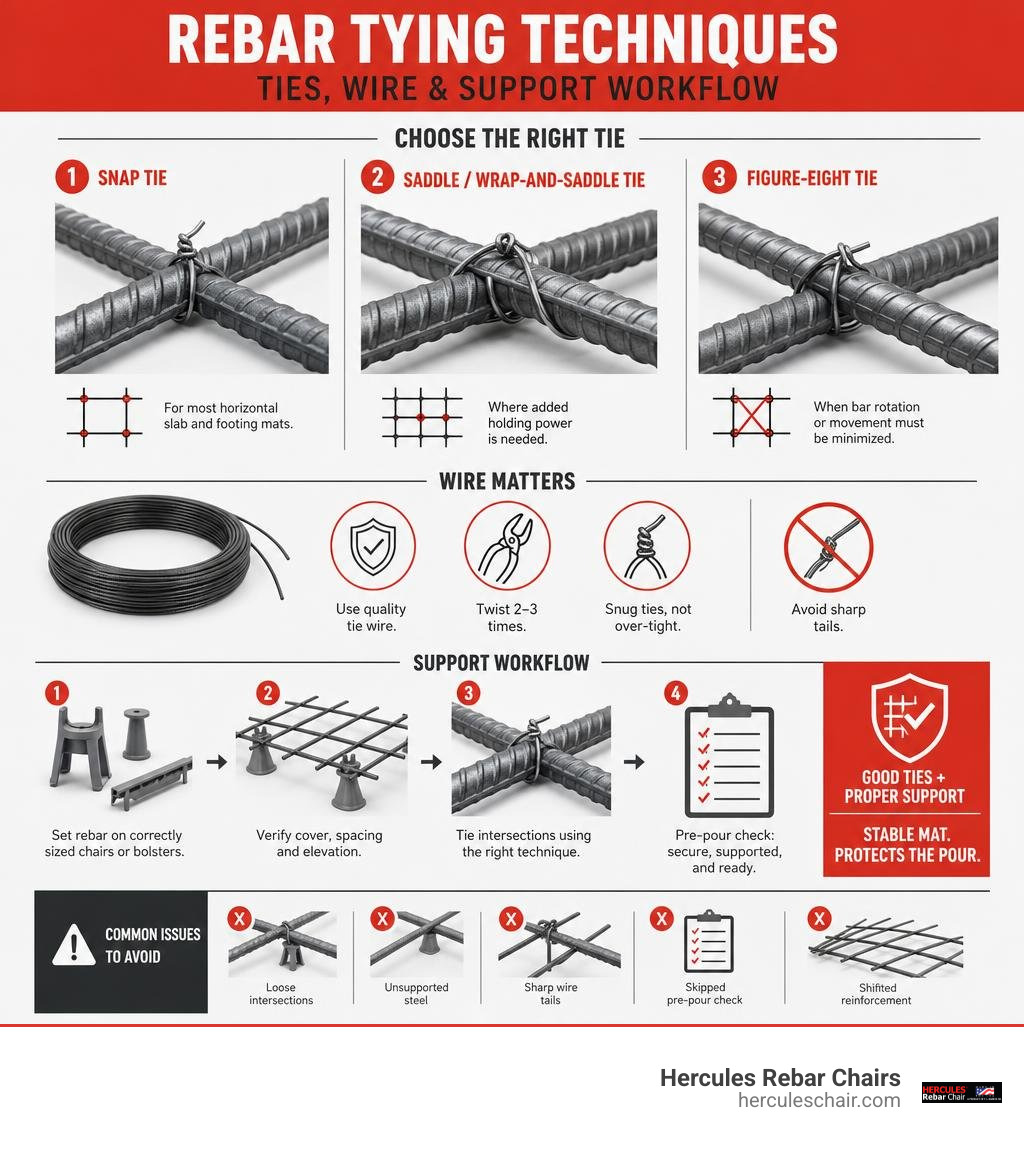 Infographic of snap saddle and figure-eight rebar ties with wire and support workflow infographic