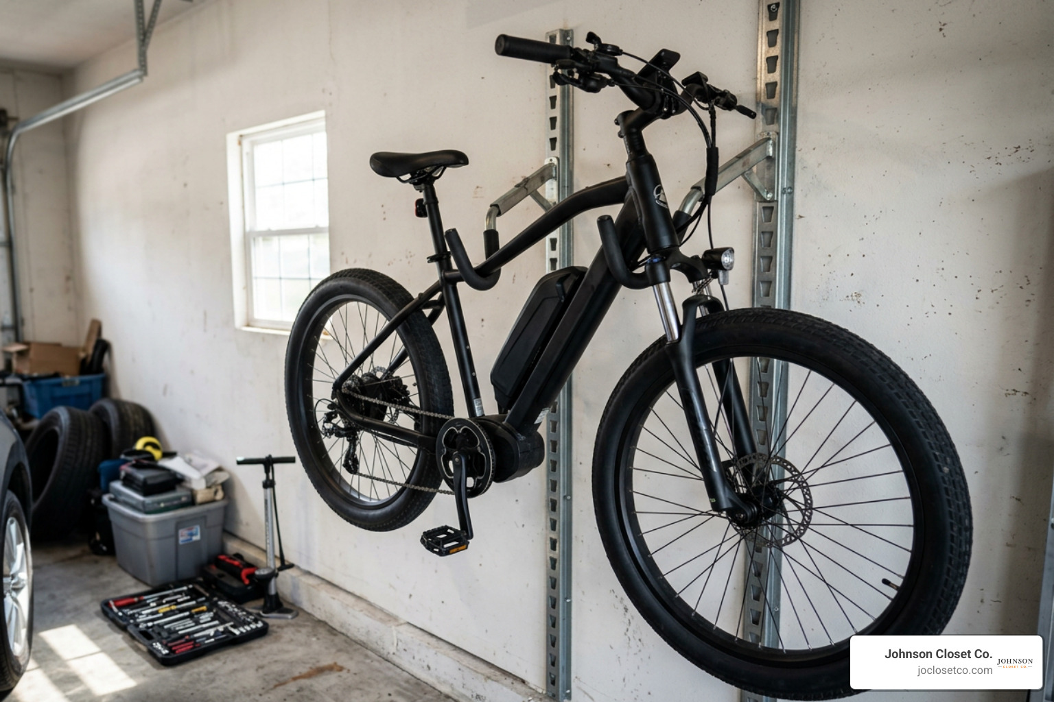 heavy e-bike mounted on reinforced wall track heavy e-bike mounted on reinforced wall track