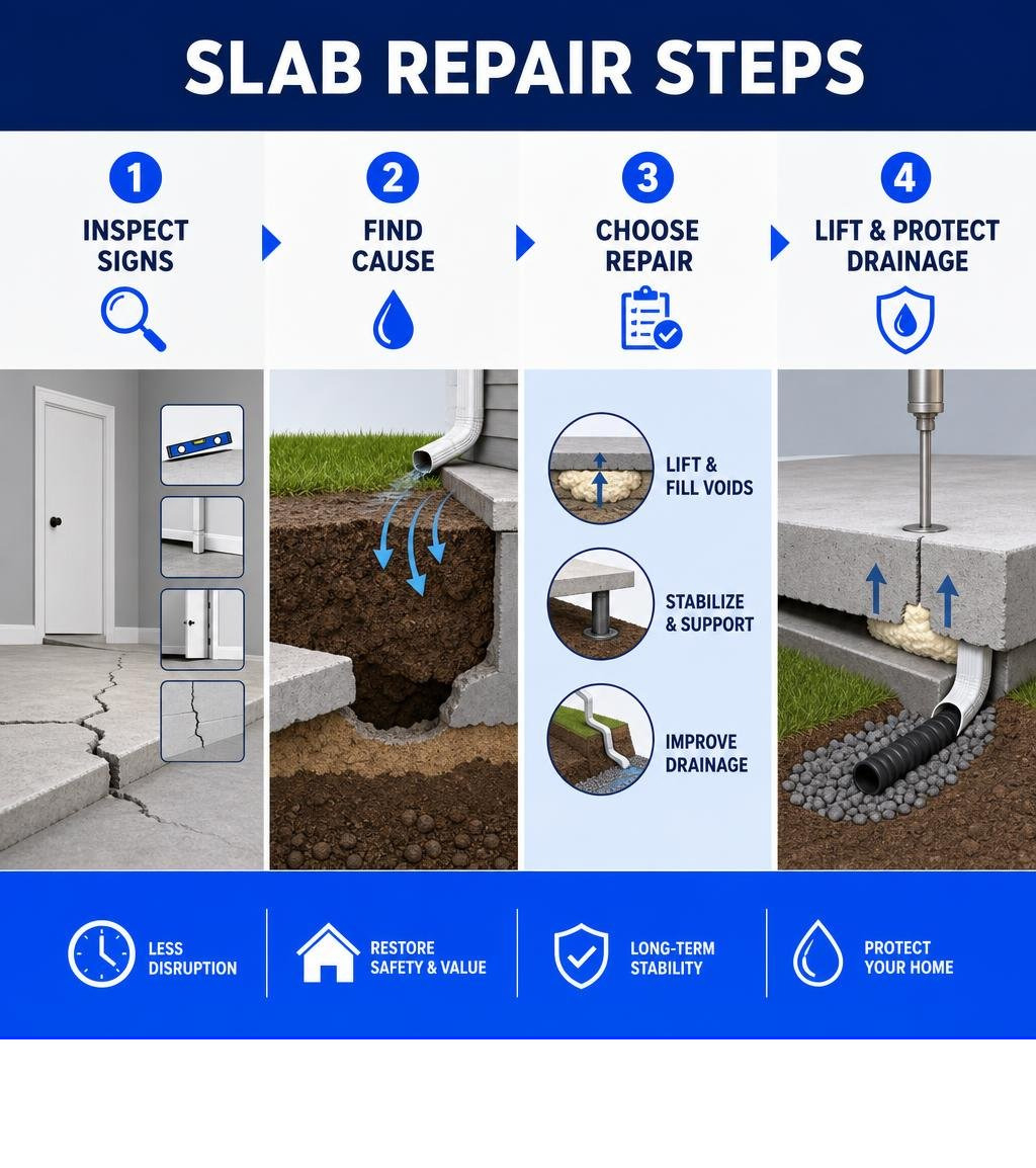 Slab repair steps: inspect signs, find cause, choose repair, lift and protect drainage infographic Slab repair steps: inspect signs, find cause, choose repair, lift and protect drainage infographic