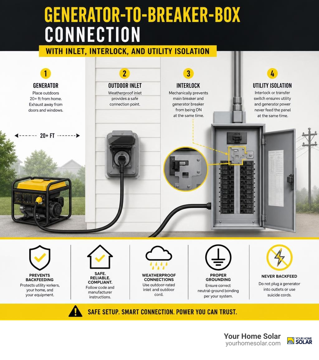 Generator-to-breaker-box connection with inlet, interlock, and utility isolation infographic Generator-to-breaker-box connection with inlet, interlock, and utility isolation infographic