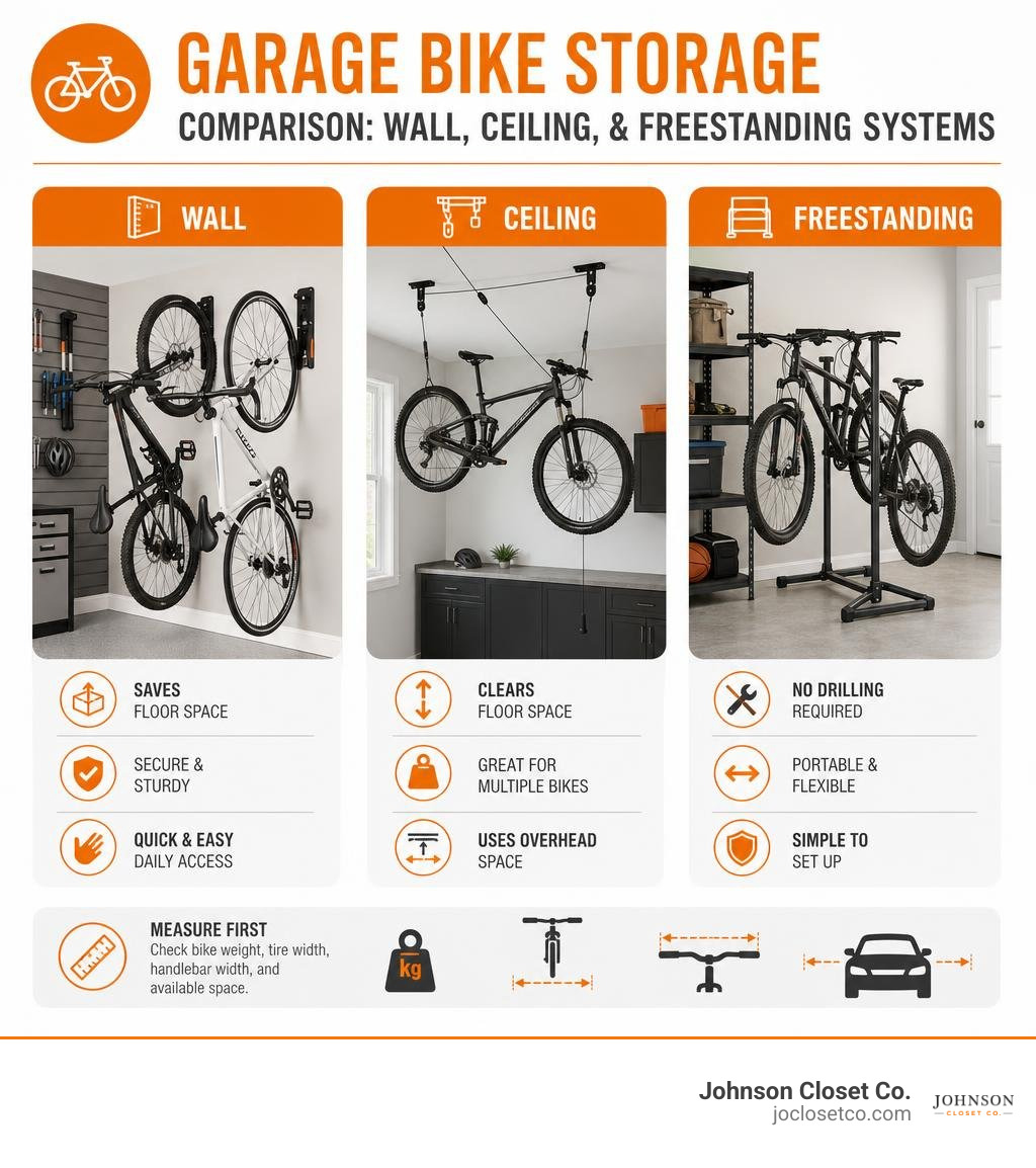 Garage bike storage comparison:wall, ceiling, and freestanding systems infographic