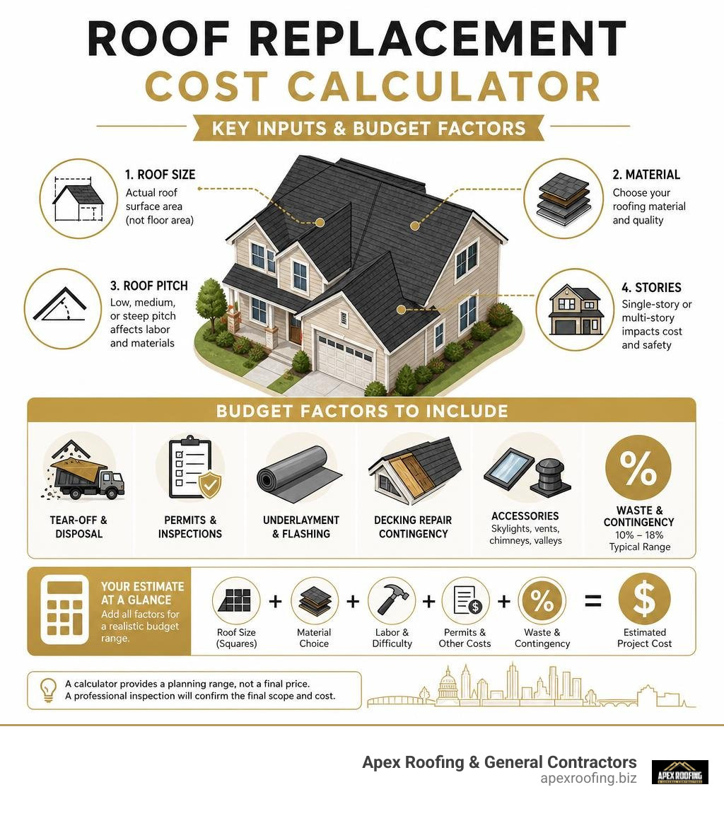 Roof replacement cost calculator inputs and budget factors infographic