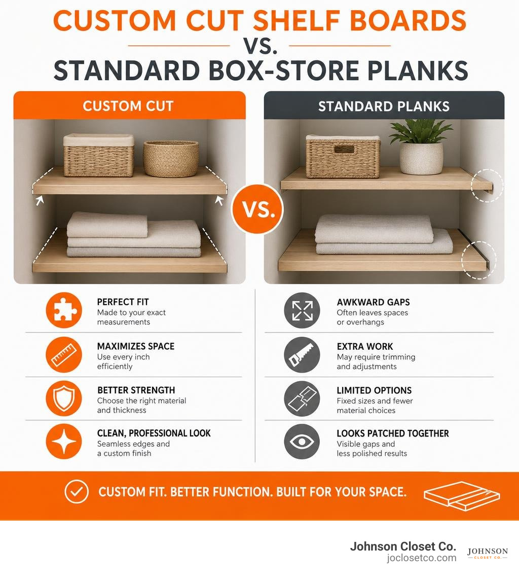 Custom cut shelf boards versus standard box store planks comparison infographic Custom cut shelf boards versus standard box store planks comparison infographic