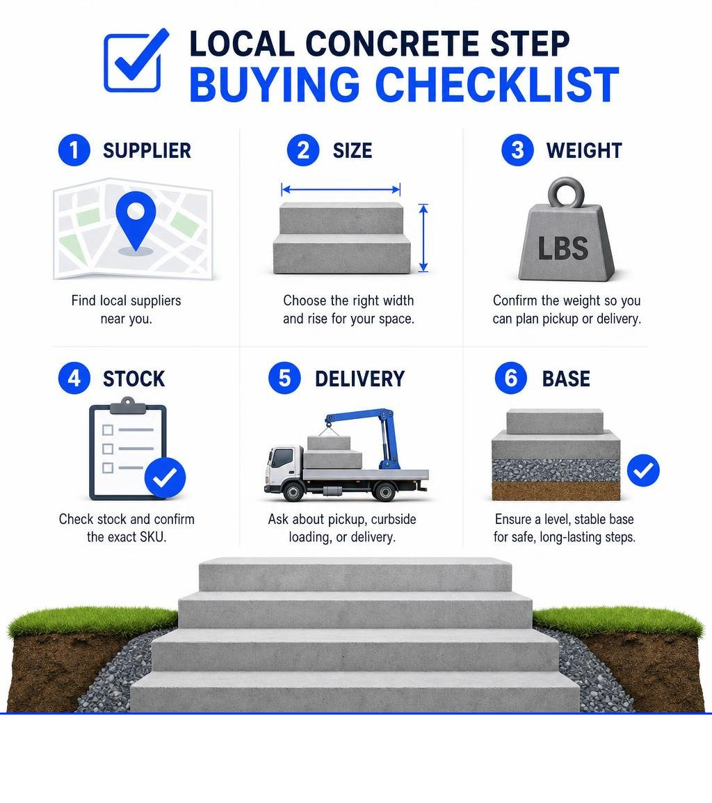 Local concrete step buying checklist: supplier, size, weight, stock, delivery, and base infographic Local concrete step buying checklist: supplier, size, weight, stock, delivery, and base infographic
