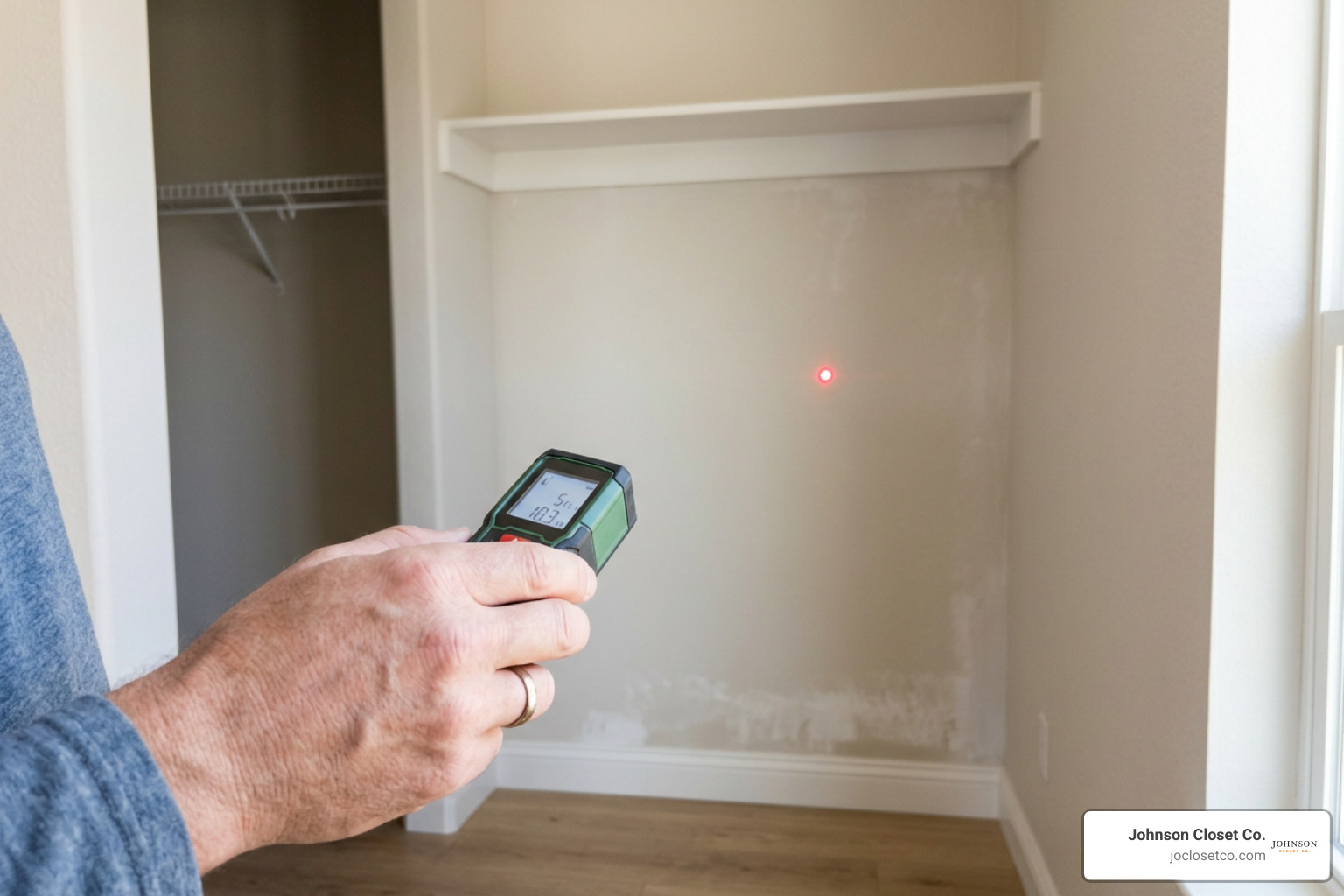 Laser distance measuring tool measuring a closet alcove width accurately Laser distance measuring tool measuring a closet alcove width accurately