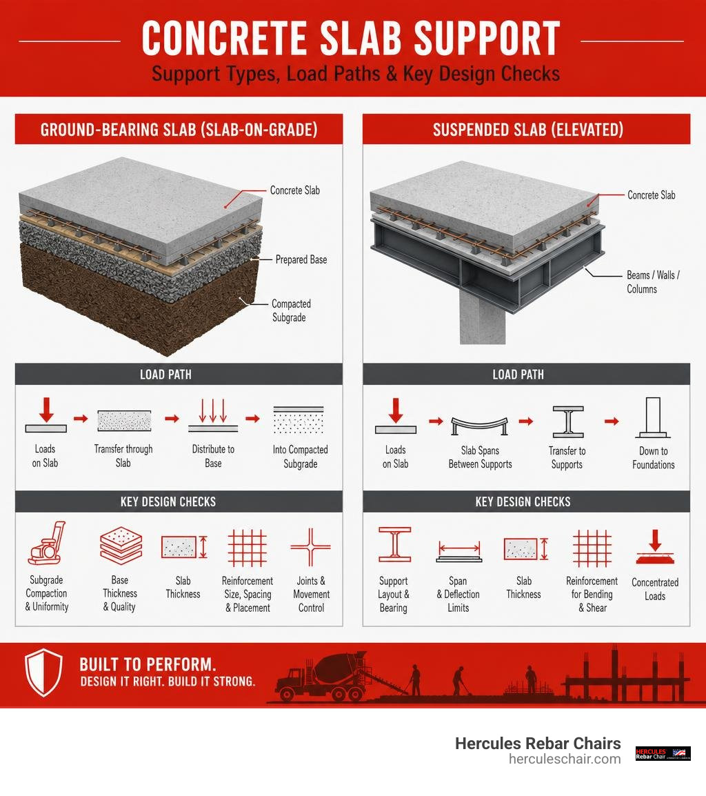 Infographic comparing ground-bearing and suspended slab support, load paths, and key design checks infographic Infographic comparing ground-bearing and suspended slab support, load paths, and key design checks infographic