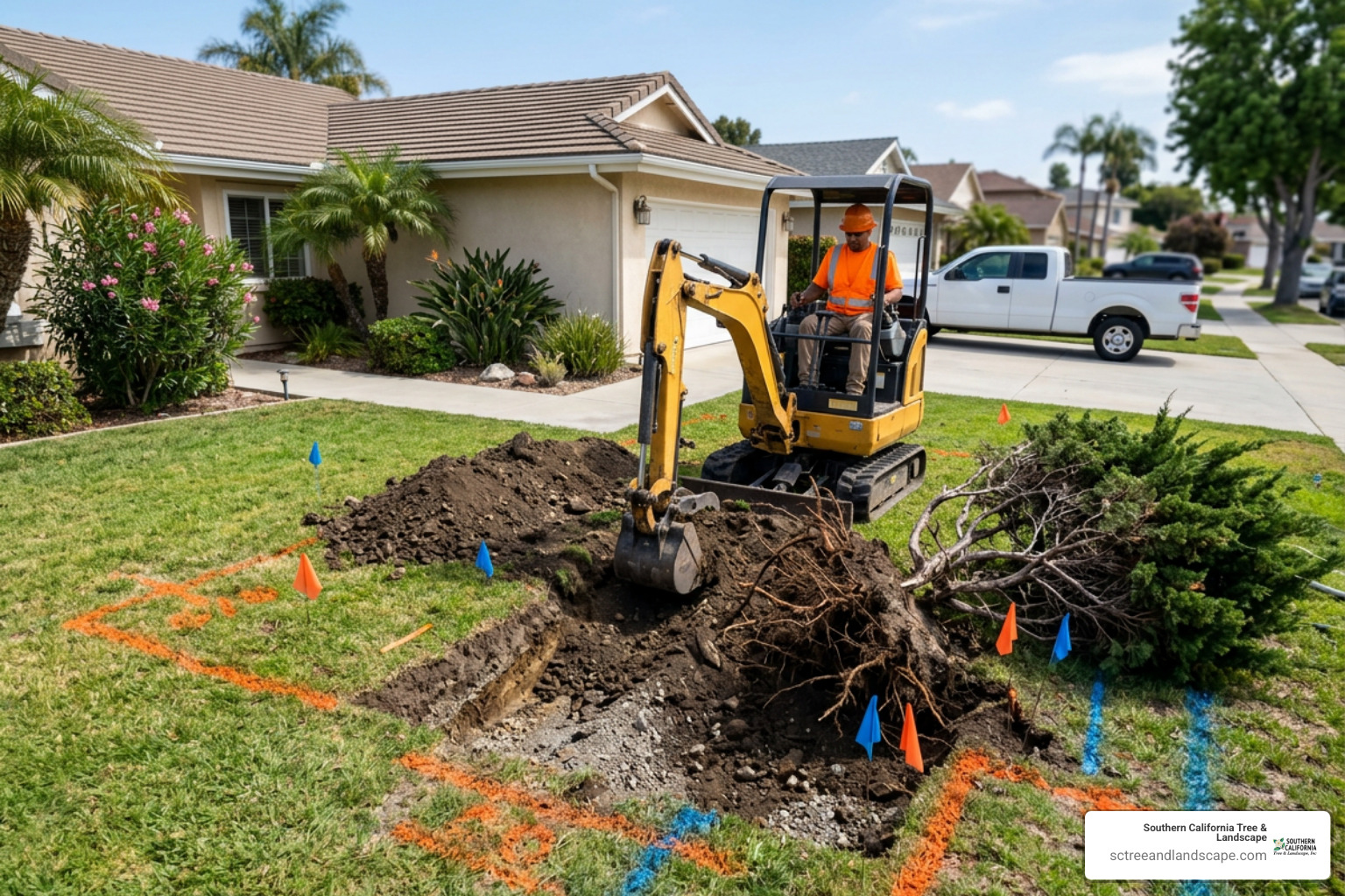 Root ball excavation and utility marking in Torrance yard Root ball excavation and utility marking in Torrance yard