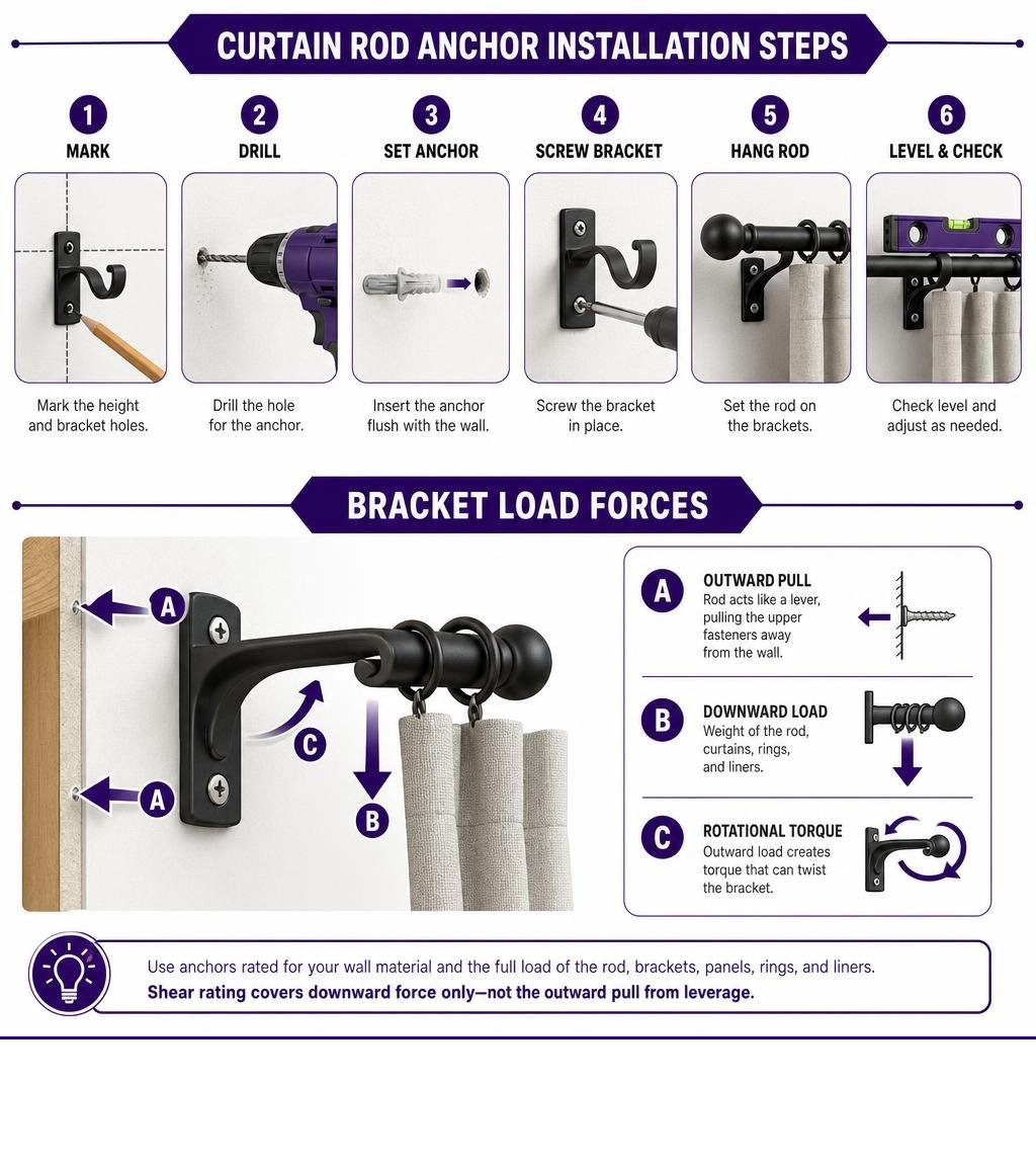 Curtain rod anchor installation steps and bracket load forces infographic