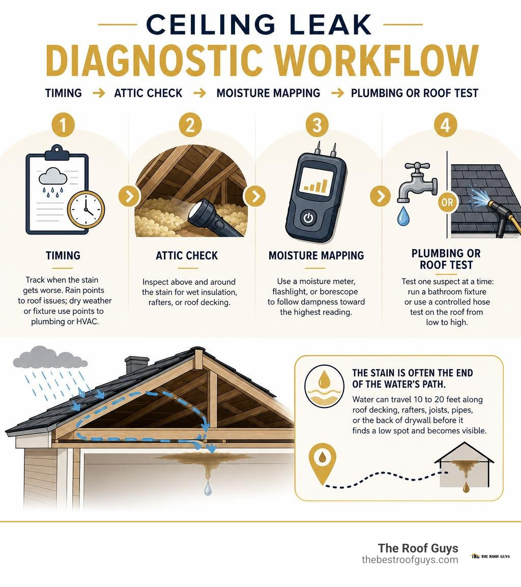 Ceiling leak diagnostic workflow: timing, attic check, moisture mapping, plumbing or roof test infographic