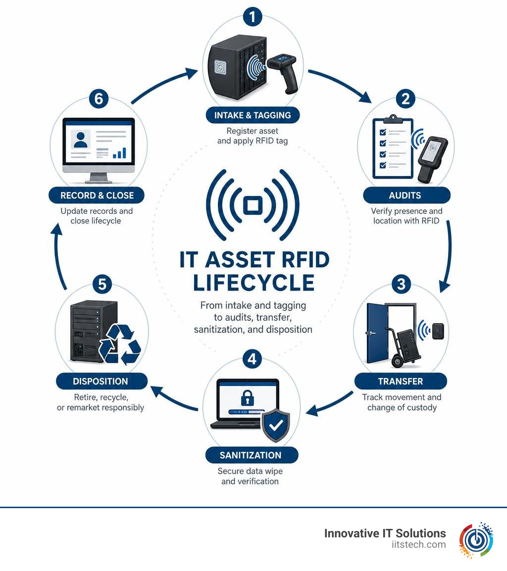 IT asset RFID lifecycle from intake and tagging to audits, transfer, sanitization, and disposition infographic IT asset RFID lifecycle from intake and tagging to audits, transfer, sanitization, and disposition infographic