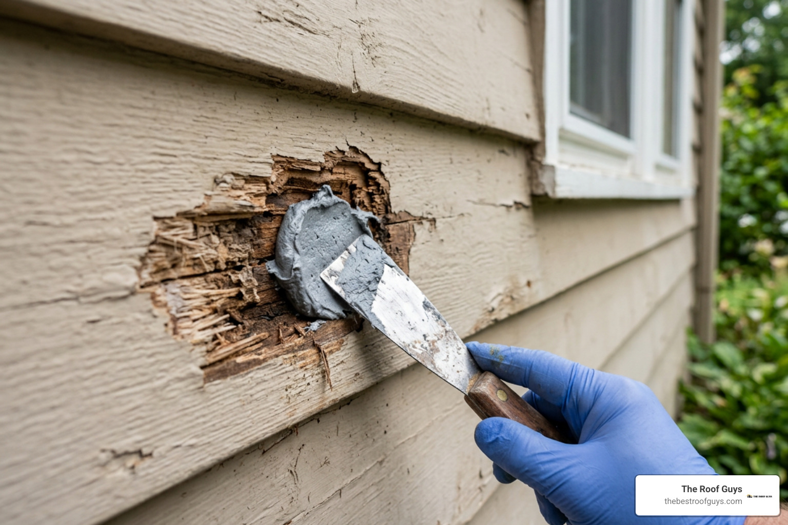 Wood siding rot repair with epoxy filler