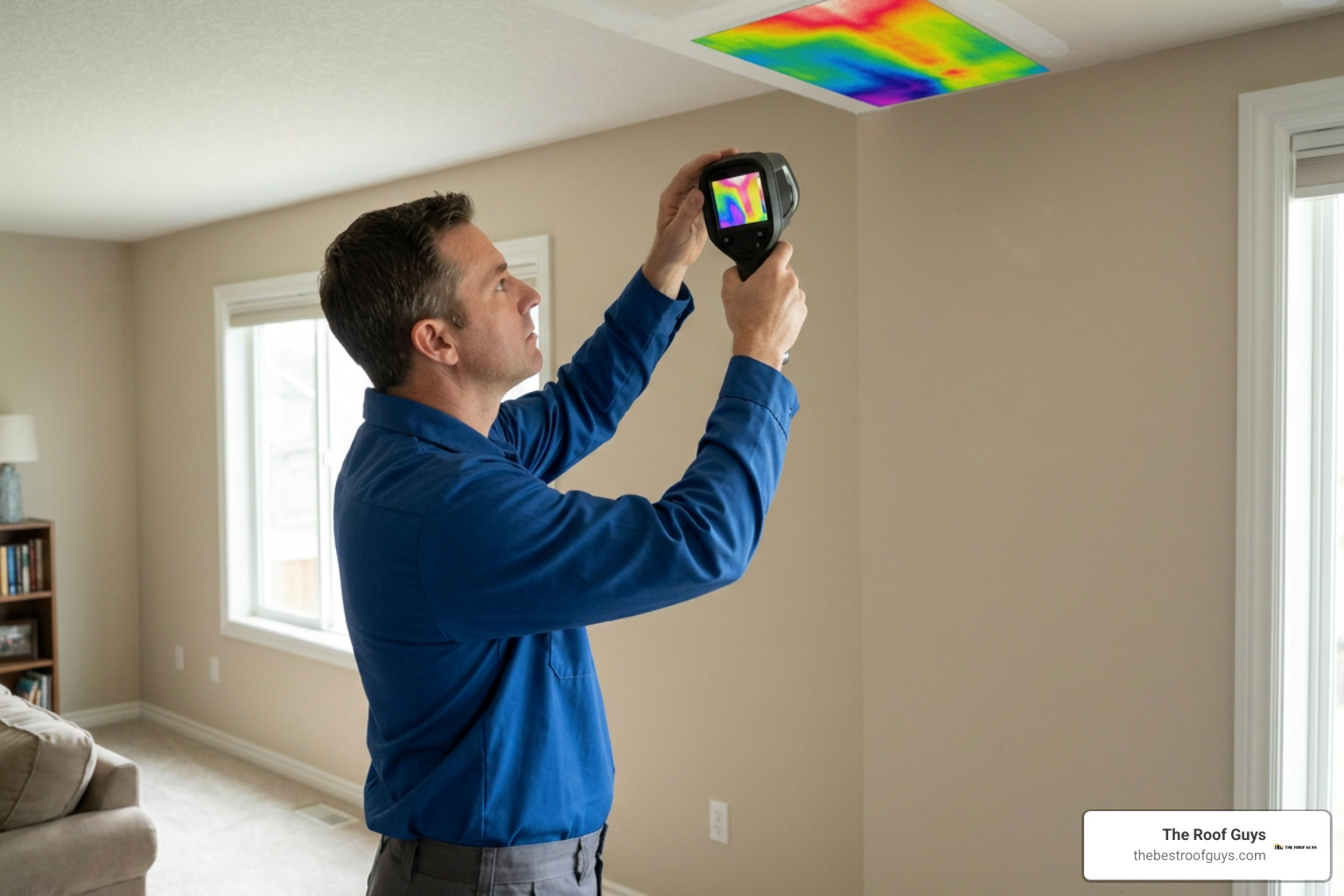 technician using an infrared thermal camera on ceiling drywall