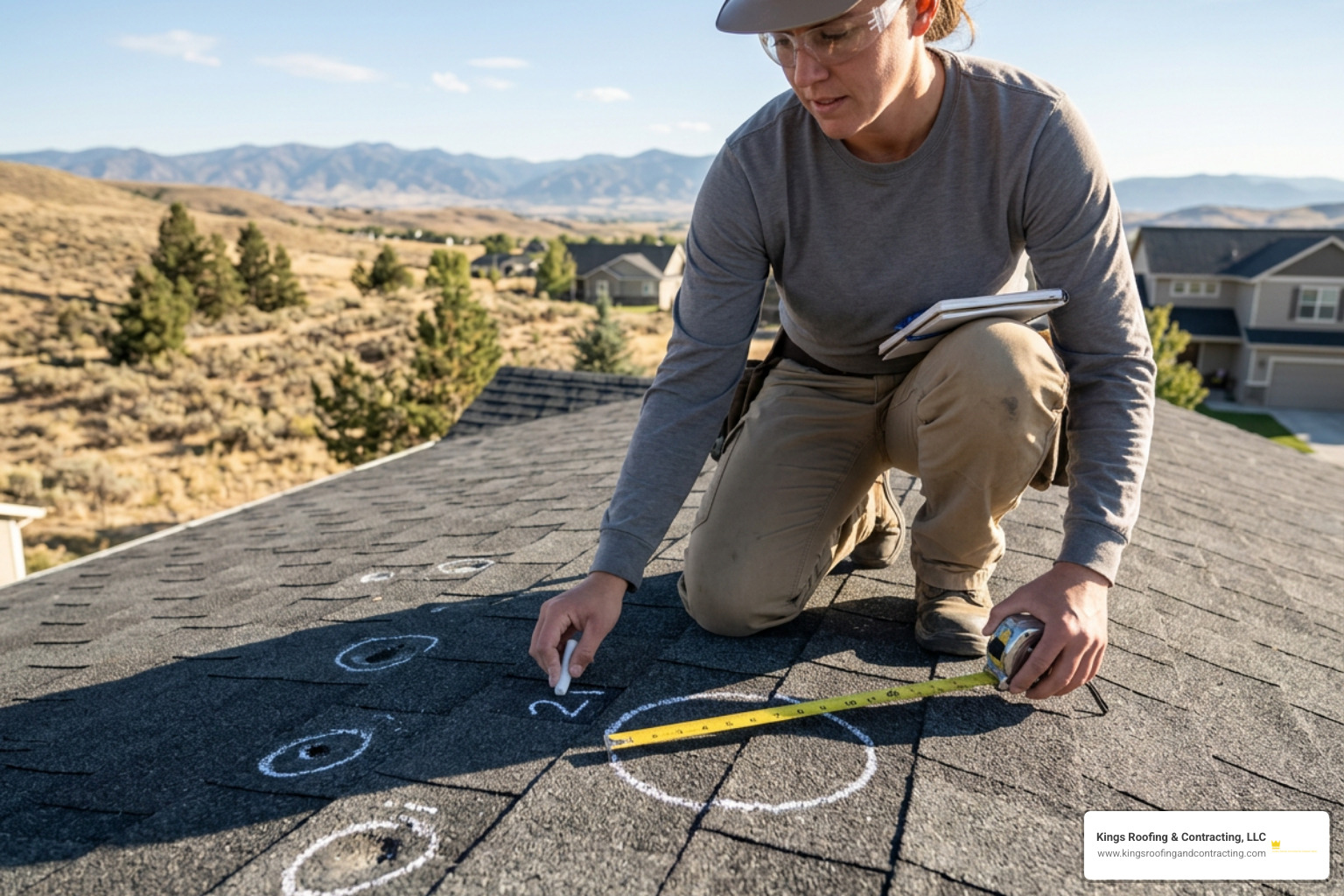 Roofing professional documenting hail strike diameters with chalk Roofing professional documenting hail strike diameters with chalk