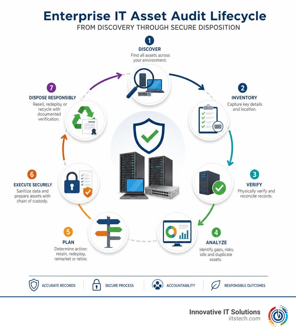Enterprise IT asset audit lifecycle from discovery through secure disposition infographic
