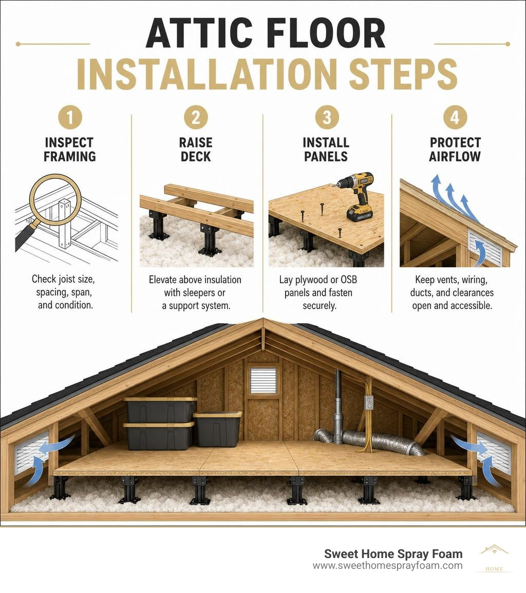 Attic floor installation steps: inspect framing, raise deck, install panels, protect airflow infographic