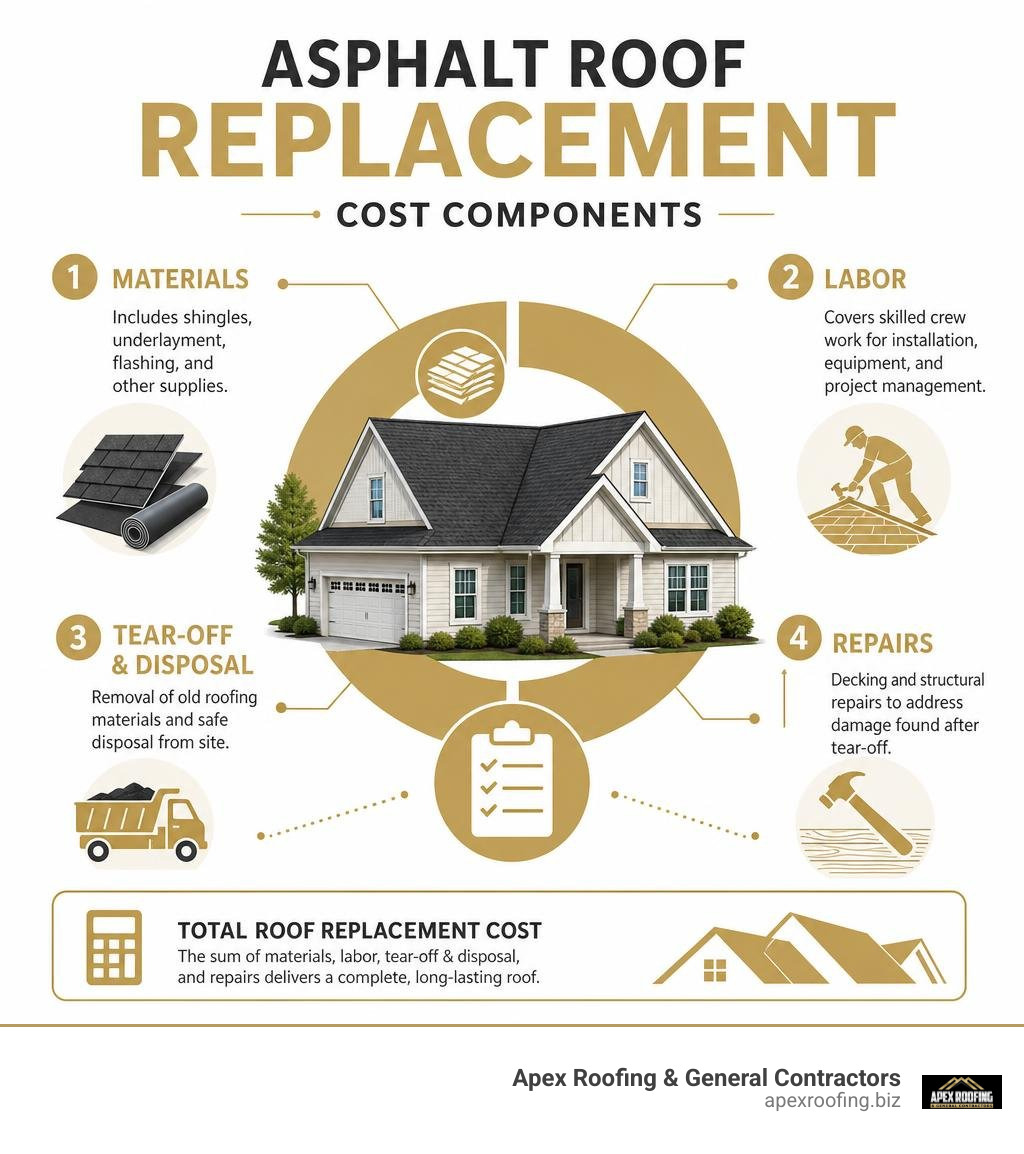Asphalt roof replacement cost components including materials labor tear-off and repairs infographic