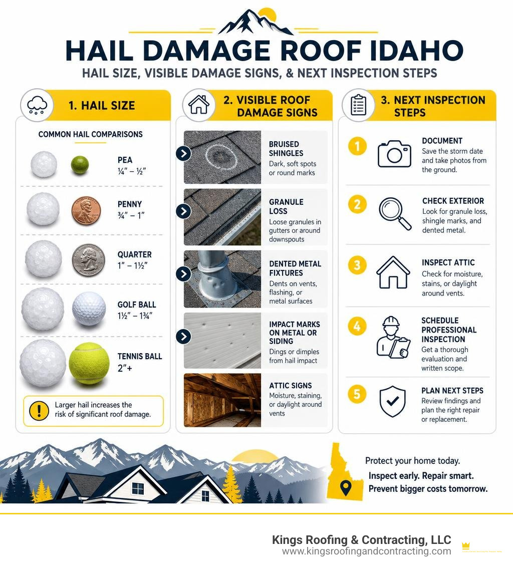 Hail size, visible roof damage signs, and next inspection steps infographic Hail size, visible roof damage signs, and next inspection steps infographic
