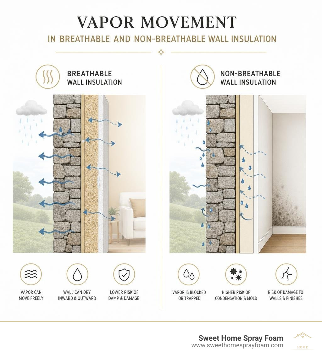 Vapor movement in breathable and non-breathable wall insulation infographic