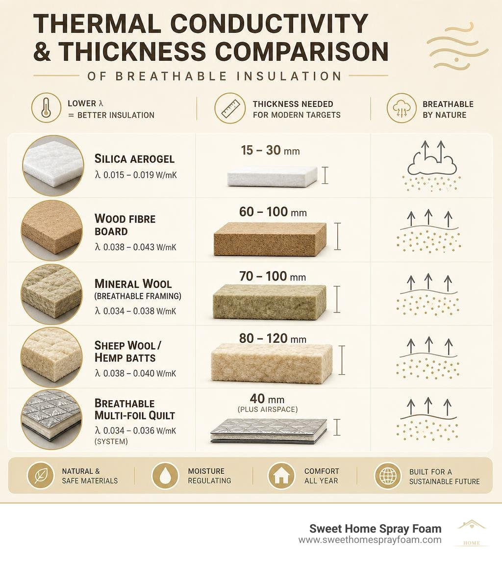 Thermal conductivity and thickness comparison of breathable insulation infographic