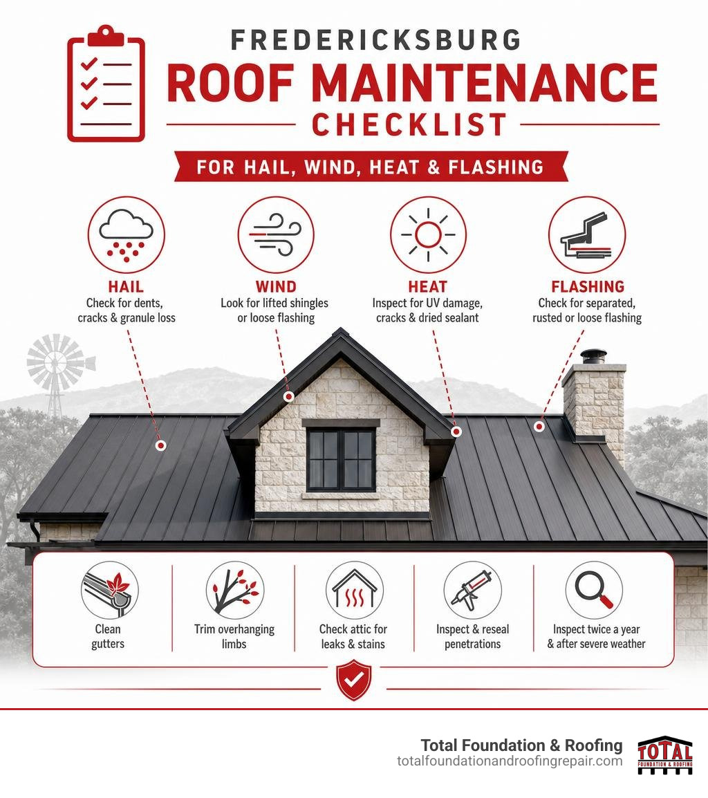Fredericksburg roof maintenance checklist for hail wind heat and flashing infographic Fredericksburg roof maintenance checklist for hail wind heat and flashing infographic