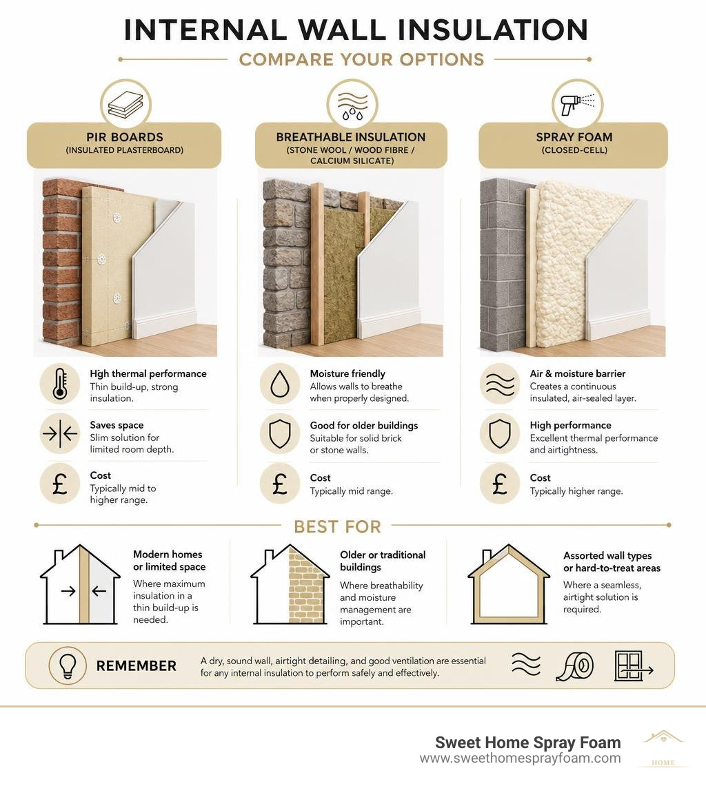 Comparison of PIR boards, breathable insulation, and spray foam for internal walls infographic
