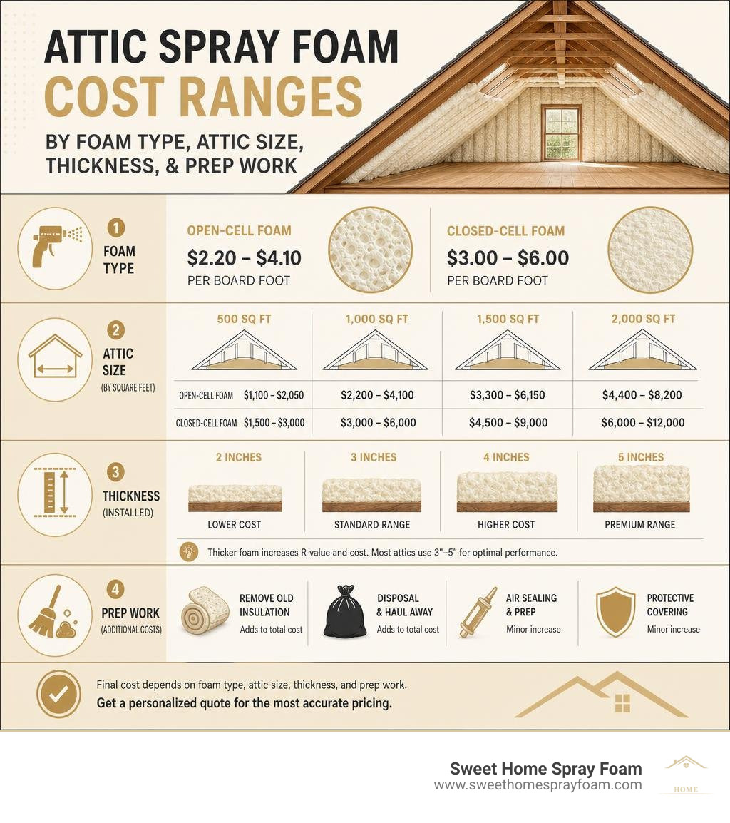 Attic spray foam cost ranges by foam type, attic size, thickness, and prep work infographic