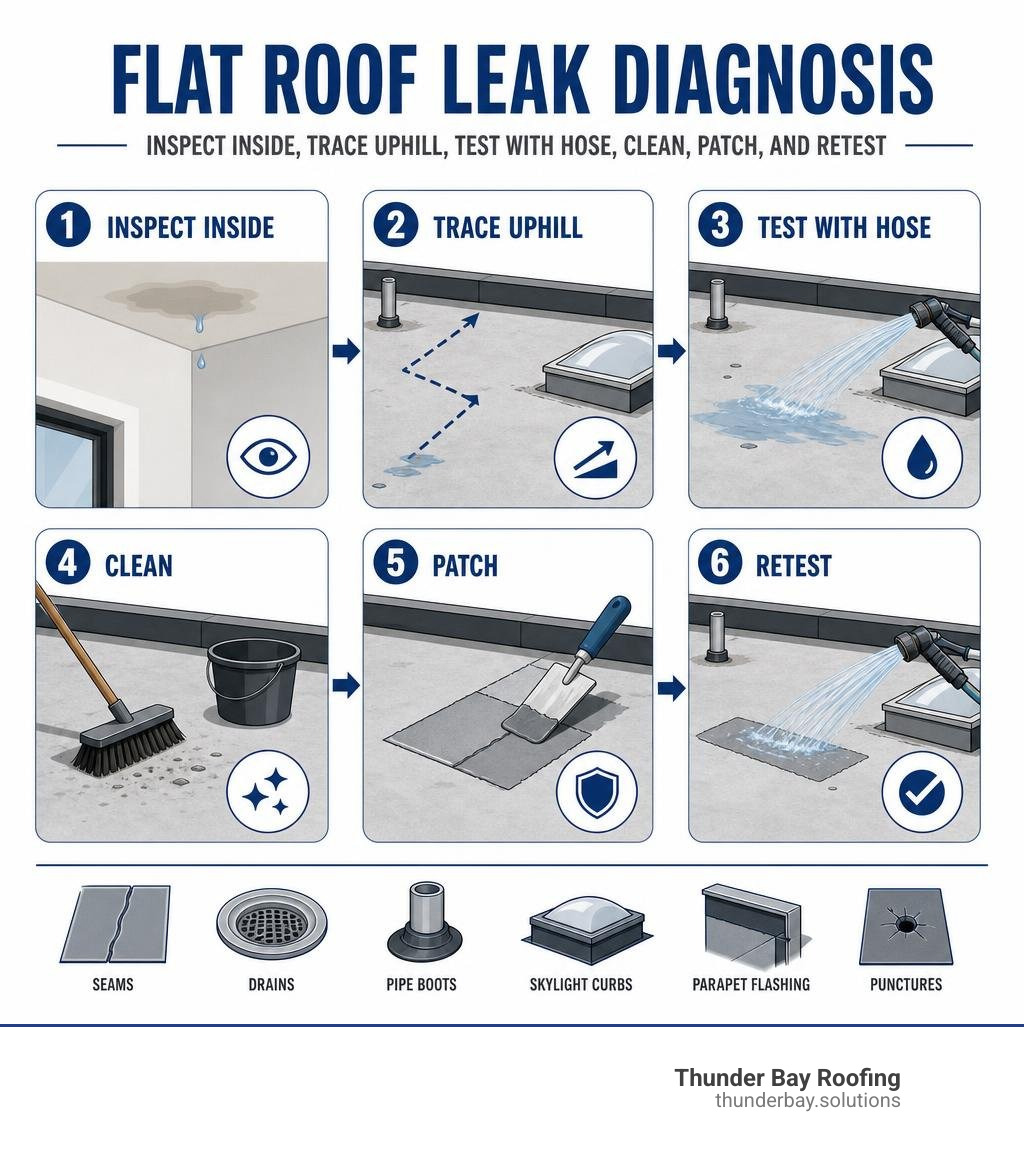 Flat roof leak diagnosis: inspect inside, trace uphill, test with hose, clean, patch, and retest infographic Flat roof leak diagnosis: inspect inside, trace uphill, test with hose, clean, patch, and retest infographic