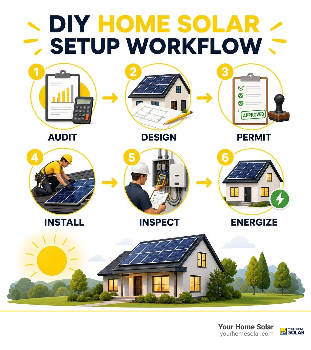 DIY home solar setup workflow: audit, design, permit, install, inspect, energize infographic DIY home solar setup workflow: audit, design, permit, install, inspect, energize infographic