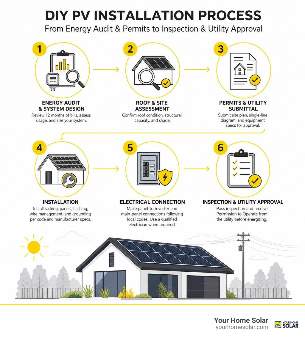 DIY PV installation process from energy audit and permits to inspection and utility approval infographic DIY PV installation process from energy audit and permits to inspection and utility approval infographic