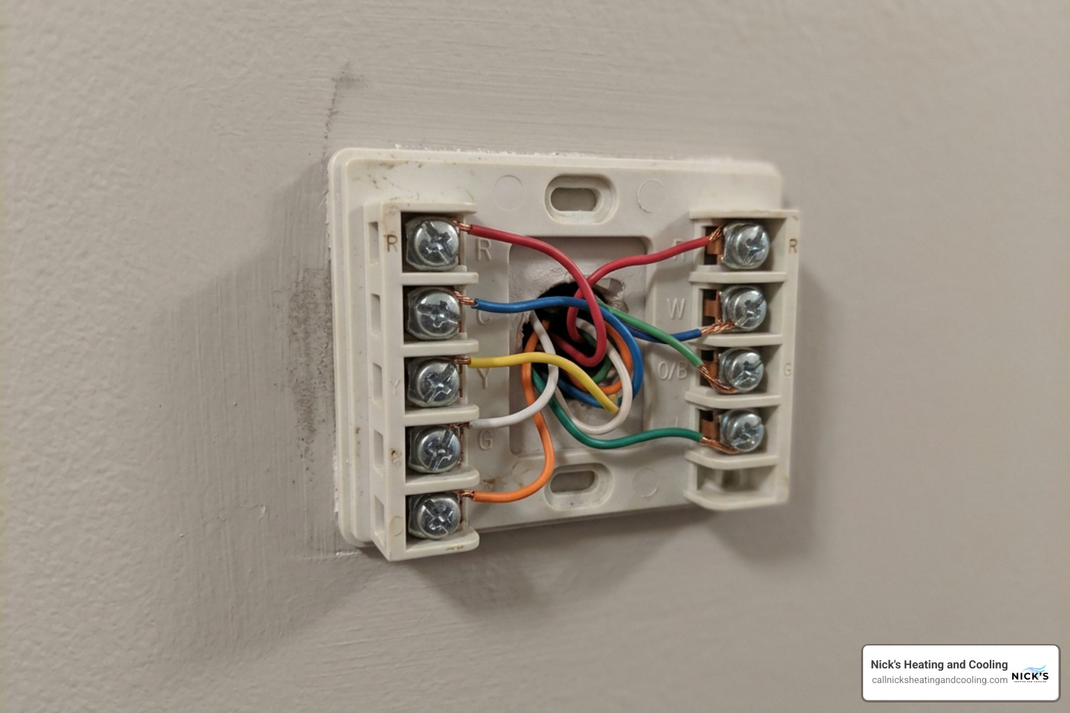 HVAC low voltage wires connected to wall plate terminal block HVAC low voltage wires connected to wall plate terminal block