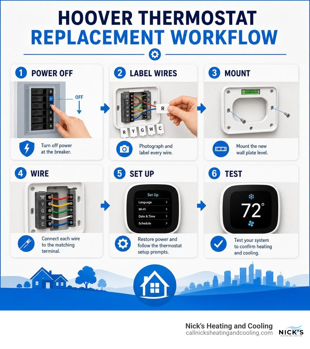 Hoover thermostat replacement workflow: power off, label wires, mount, wire, set up, test infographic