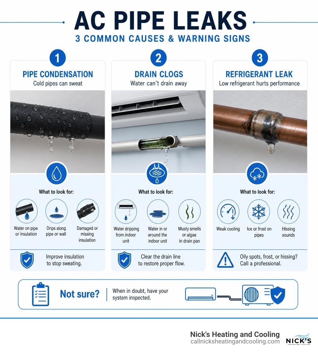 Infographic comparing AC pipe condensation, drain clogs, and refrigerant leak warning signs infographic