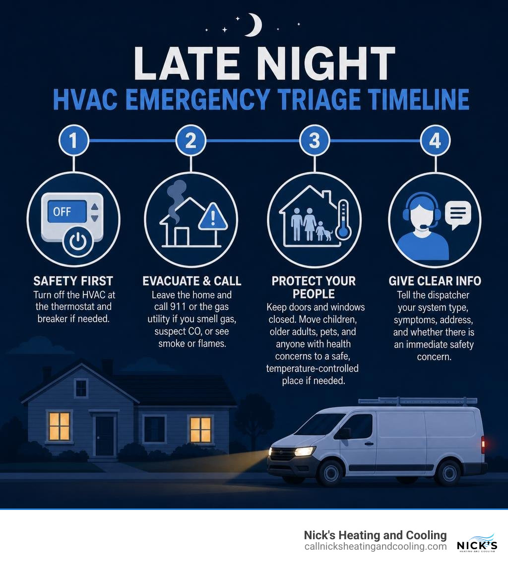 Late night HVAC emergency triage timeline infographic